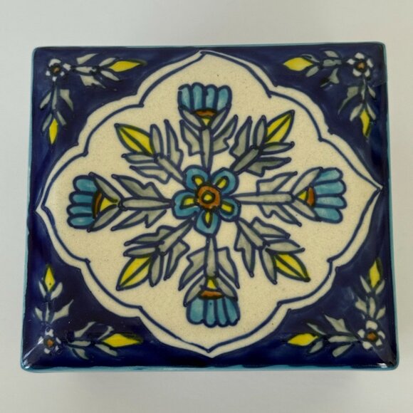 World Market Ceramic Square Trinket Box With Floral Design & Blue Yellow Accents - Picture 2 of 8